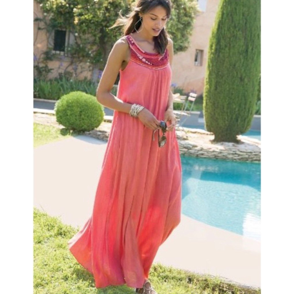 Soft Surroundings "Back to Barbados" Ladies Coral Beaded Maxi Dress, M